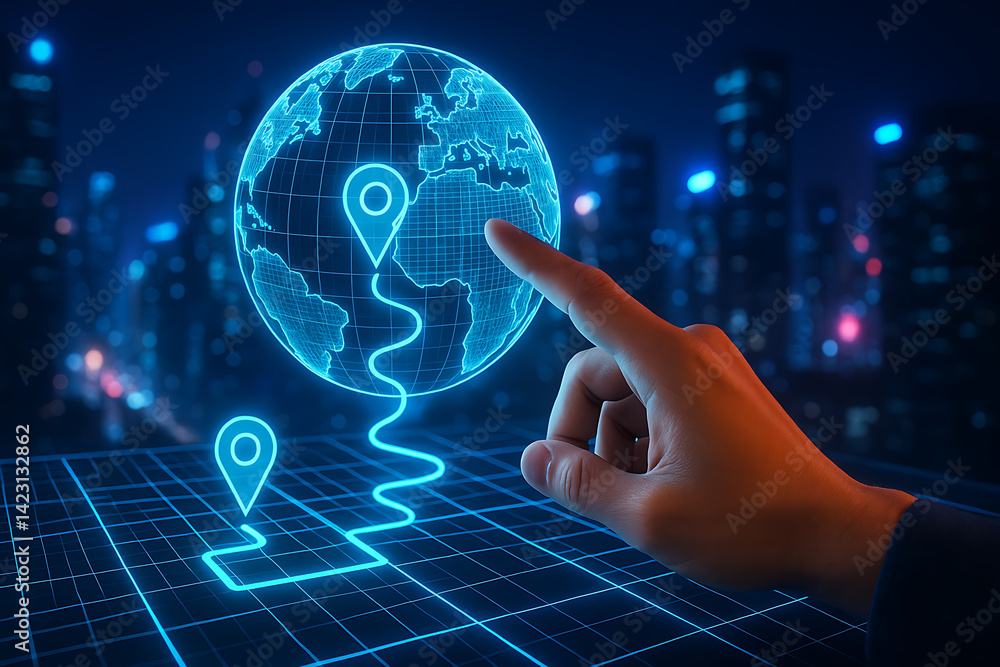 Aufkleber global holographic map with location pins and route tracking on touchscreen interface in futuristic 