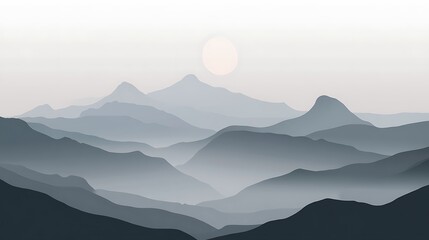 Serene Misty Mountainscape Under a Pale Sun