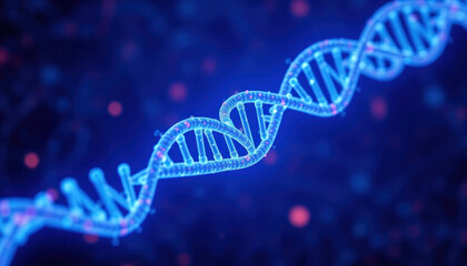 Abstract Representation of a DNA Helix with Glowing Blue Elements Set Against a Dark Background