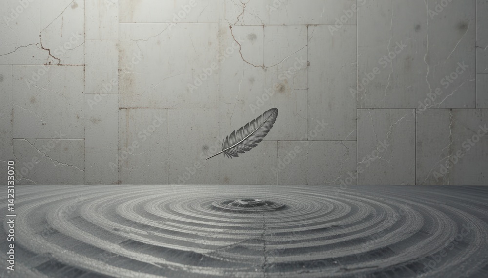 Poster floating feather creates ripples in calm water minimalist studio setting conceptual art serene envir