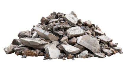 Detailed 3D illustration of pile of rubble featuring various sizes and textures of concrete debris. Ideal for construction or demolition themes. PNG illustration on transparent background.