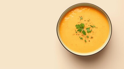 Top view of a bowl of orange-colored soup. the soup appears to be creamy and smooth, with a smooth texture. the bowl is round and has a silver rim.