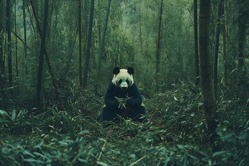 Obraz premium Giant Panda Sitting Peacefully in a Bamboo Forest