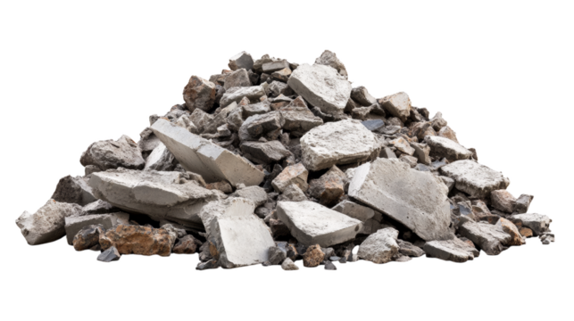Detailed 3D illustration of pile of rubble featuring various sizes and textures of concrete debris. Ideal for construction or demolition themes. PNG illustration on transparent background.