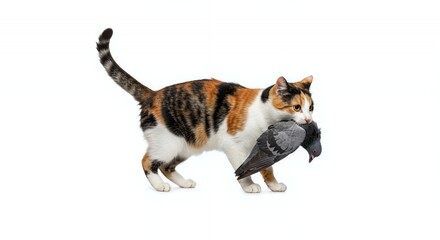 Calico Cat Isolated on White Carrying Dead Pigeon in Mouth with Multicolored Fur and Upright Tail Perfect For Decoration