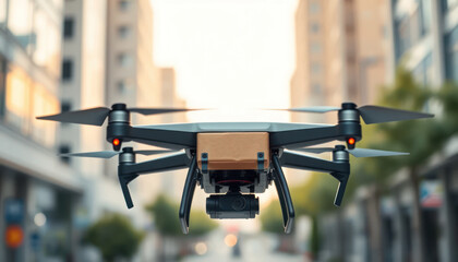 Advanced Drone Flying Above Urban Street in Modern Cityscape with Buildings and Tree Lined Streets