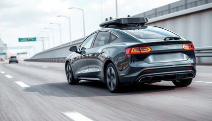 Sleek modern car with advanced technology driving on a highway with vibrant city skyline in the background