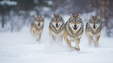 Fototapeta premium Four wolves in a snowy landscape running in formation.