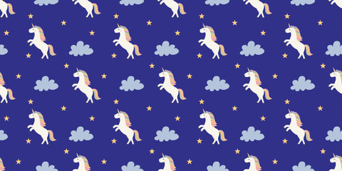 Unicorn pattern with clouds and stars on dark blue background