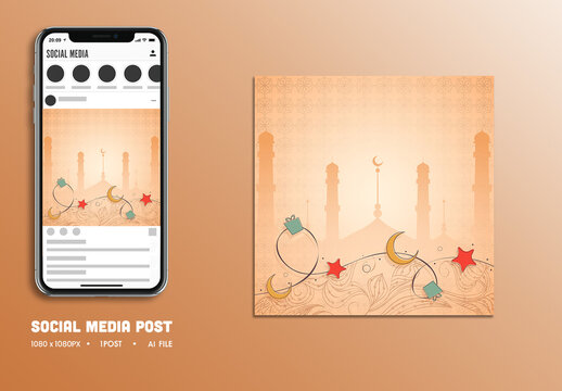 Eid Mubarak Social Media Post with Copy Space on Silhouette Mosque Pastel Orange Background.