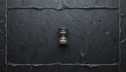 Time passing with an hourglass on a cracked wall still life photography dark aesthetic overhead view conceptual reflection