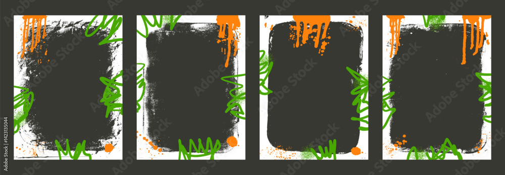 Poster Grunge white text boxes sticker set. Framework templates with graffiti spread art. Mockup backgrounds for photo. Border with airbrush lines. Vector banner overlay frames with retro texture.