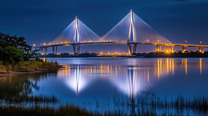 Fototapeta premium A Beautiful Bridge Illuminated Over Calm Water During Evening Hours