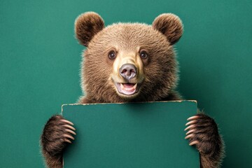 Cute baby animal grizzly bear hold in front paws a design draft - large green zoo sign. Mockup with wild buddy. Critter holding message. Isolated baby animal on a solid uniform green backgroun.