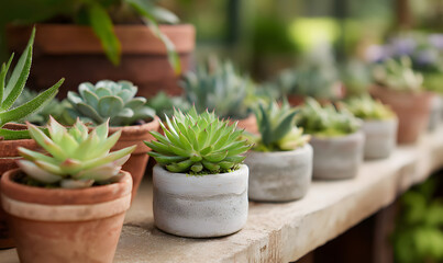 Succulents in pots, outdoor setting, Generative AI