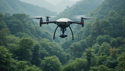 Fototapeta premium Aerial Drone Capturing Scenic Landscape in Lush Green Forested Mountains During Daytime Adventure