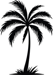 Black silhouette illustration of a tropical palm tree on a white background perfect for summer travel and nature concepts