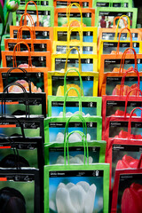 Colorful paper bags containing tulip bulbs ready for planting