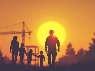Fototapeta premium silhouette of builder with family at sunset, occupational safety concept . Generative AI