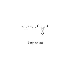 Butyl nitrate skeletal structure. Nitrate ester compound schematic illustration. Simple diagram, chemical formula.
