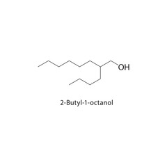 2-Butyl-1-octanol skeletal structure. Alcohol compound schematic illustration. Simple diagram, chemical formula.