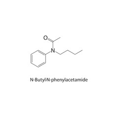 N-Butyl-N-phenylacetamide skeletal structure. Amide compound schematic illustration. Simple diagram, chemical formula.
