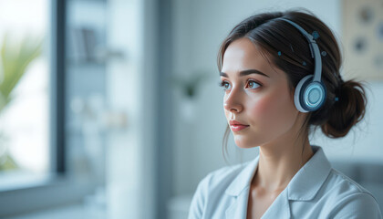 Young woman wearing headphones in a bright office environment, focused on work tasks with a calm expression and windows in background