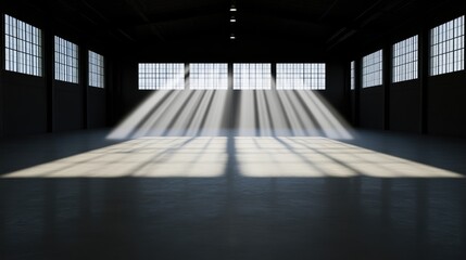 Industrial warehouse interior with sunbeams