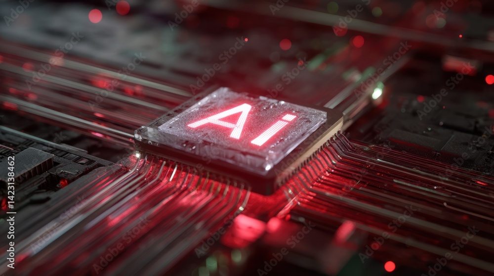 Poster a close-up view of a computer chip with vibrant red lighting, showcasing the intricate details of ar