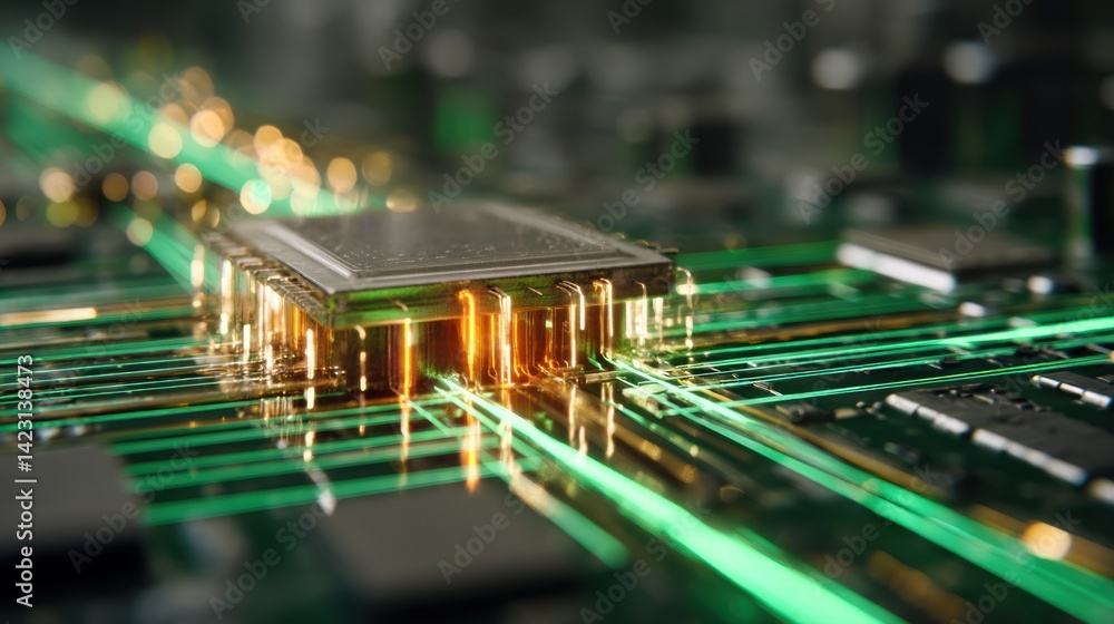 Poster a close-up view of a computer chip surrounded by glowing circuitry, illustrating modern technology's