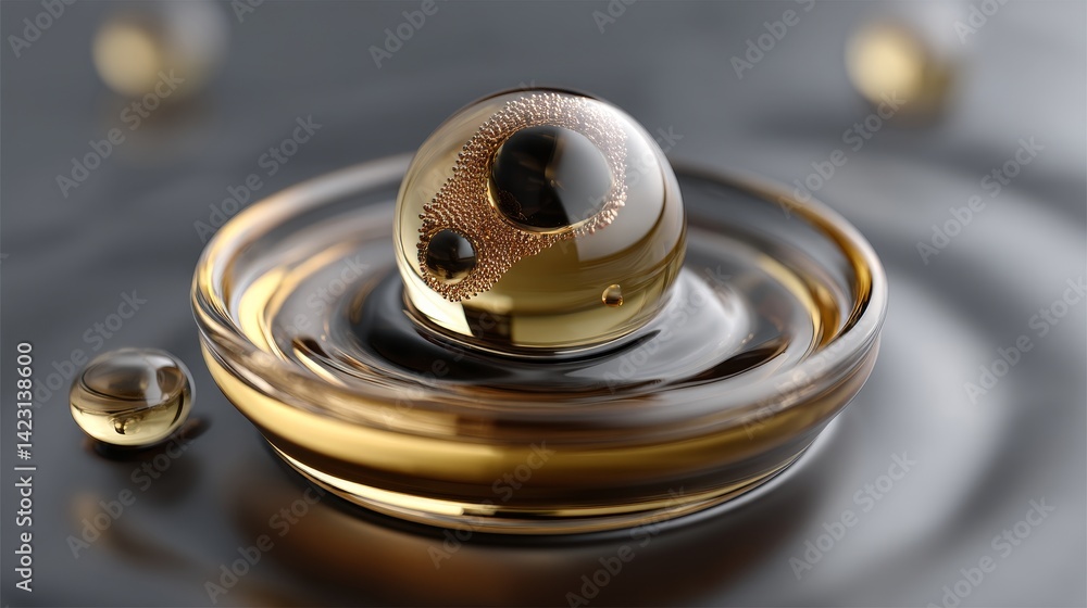 Poster reflective droplets on a smooth surface, creating a mesmerizing liquid design.