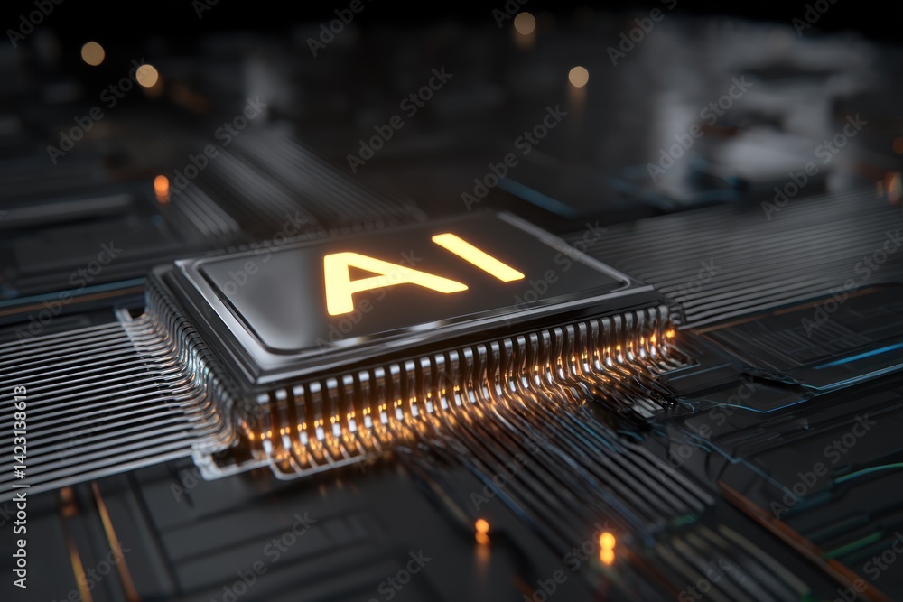 Poster a close-up view of a microchip with the letters ai illuminated, showcasing advanced technology in ar