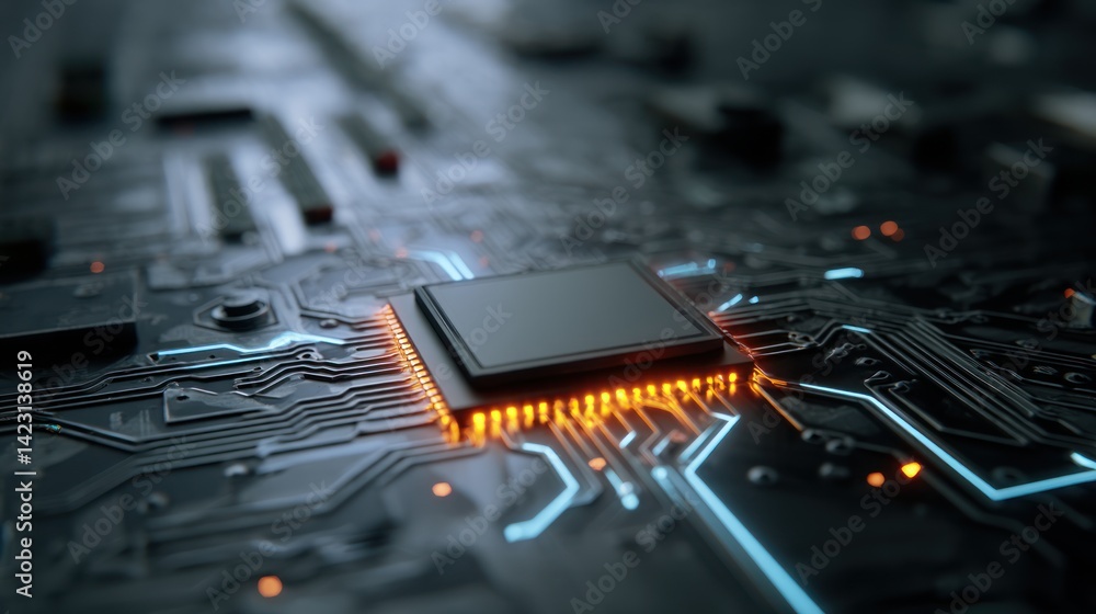 Aufkleber a close-up view of a modern microchip illuminated with vibrant lights, showcasing intricate circuit 