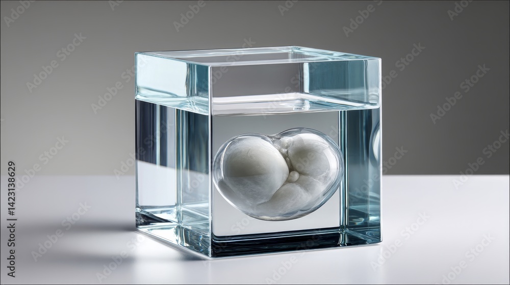 Poster ivf and embryo concept, transparent cube with a heart-shaped object submerged in water.