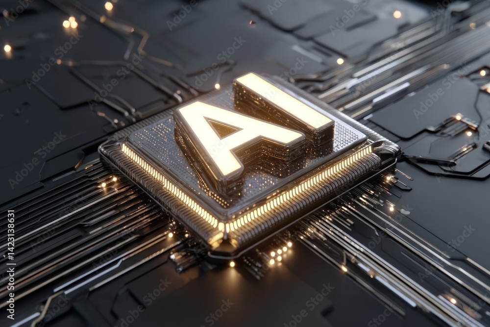 Poster a close-up view of a futuristic ai microchip with glowing features, representing the advancement of 