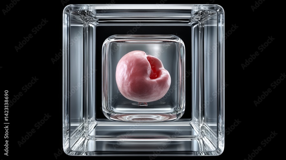 Poster ivf and embryo concept, a transparent cube encases a single red apple, showcasing a unique visual co