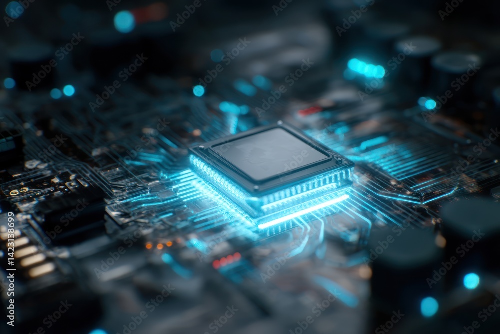 Poster a close-up view of a shining microchip on a circuit board showcasing advanced technology and innovat