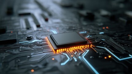 A close-up view of a modern microchip illuminated with vibrant lights, showcasing intricate circuit board details and advanced technology.