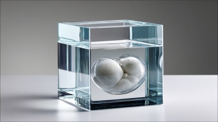 IVF and Embryo concept, Transparent cube with a heart-shaped object submerged in water.