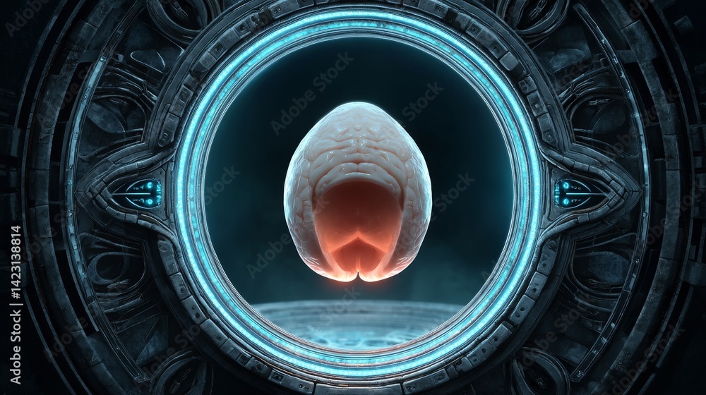 Poster ivf and embryo concept, intricate design featuring an abstract egg-like shape within a circular fram