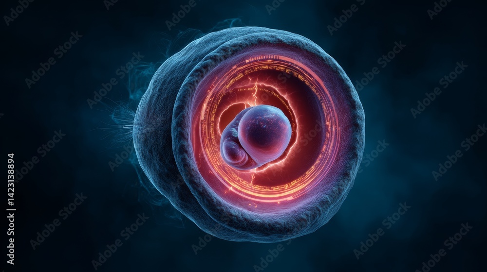 Poster ivf and embryo concept, abstract depiction of a cellular structure with vibrant colors and intricate