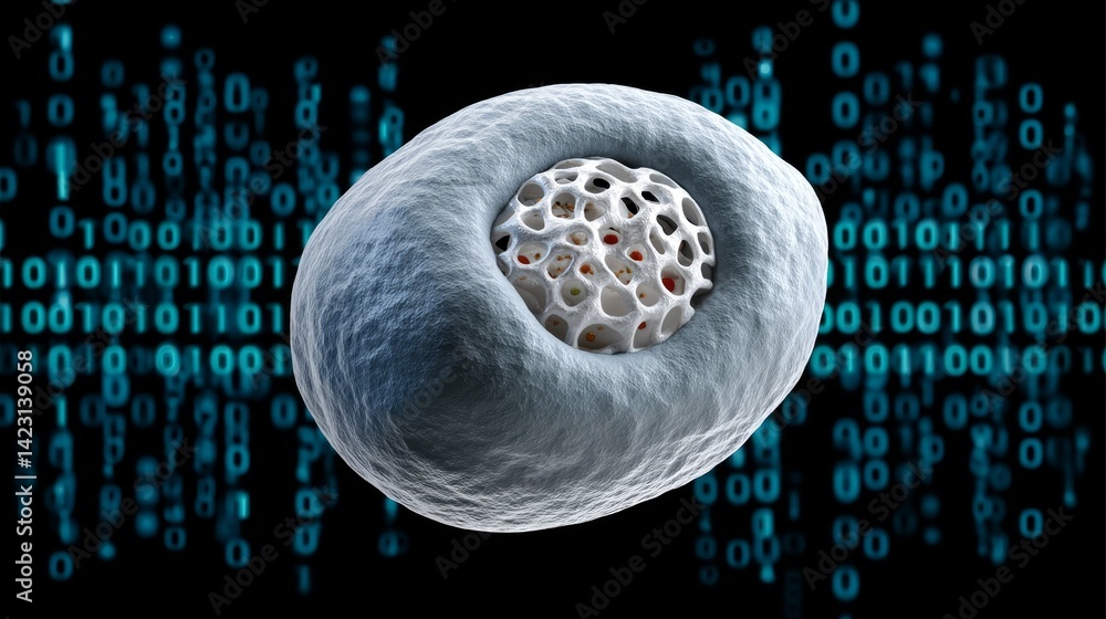 Poster ivf and embryo concept, abstract digital illustration of a cell surrounded by binary code.