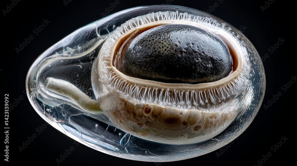 Poster ivf and embryo concept, transparent egg-like structure with a developing embryo inside.