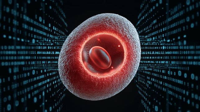 IVF and Embryo concept, Futuristic cell representation with binary code background illustrating technology and biology.