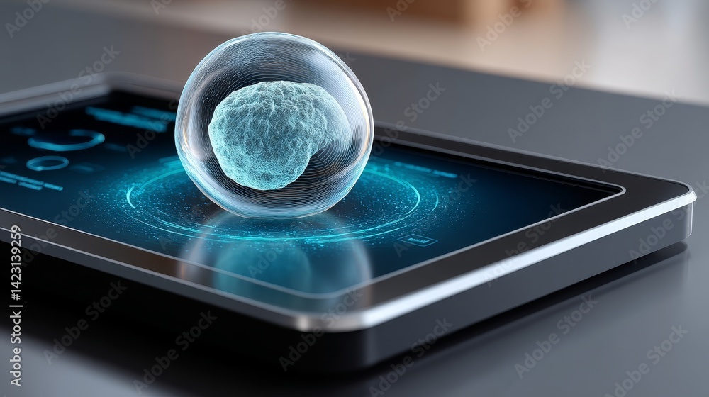 Poster ivf and embryo concept, futuristic tablet displaying a holographic sphere and digital data interface