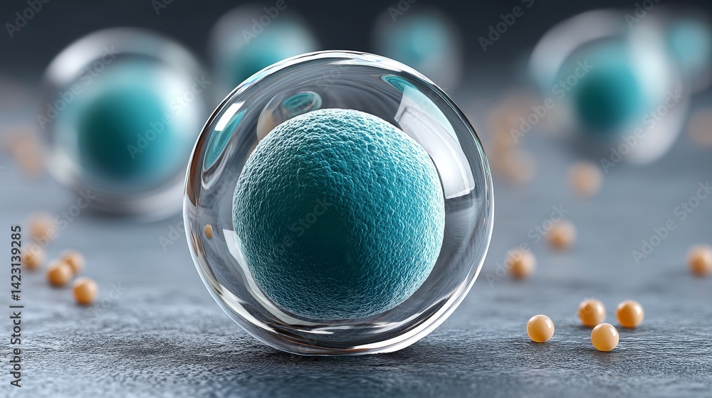 Poster ivf and embryo concept, abstract representation of molecular structures with spheres and bubbles.