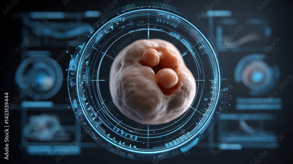 Poster ivf and embryo concept, futuristic depiction of a cell with digital interfaces and data overlays.
