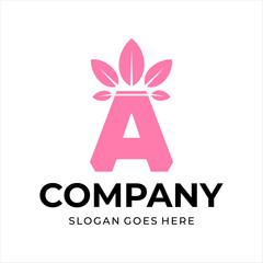 a logo combining the letter A and a leaf on top of a pink letter A.