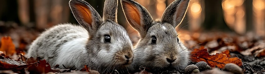 Two Rabbits in Autumn Leaves