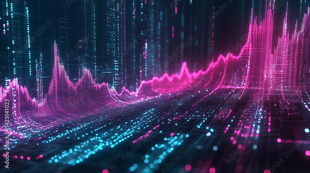 Poster abstract digital data visualization neon pink blue glow stock image art wave grid cyber light lines